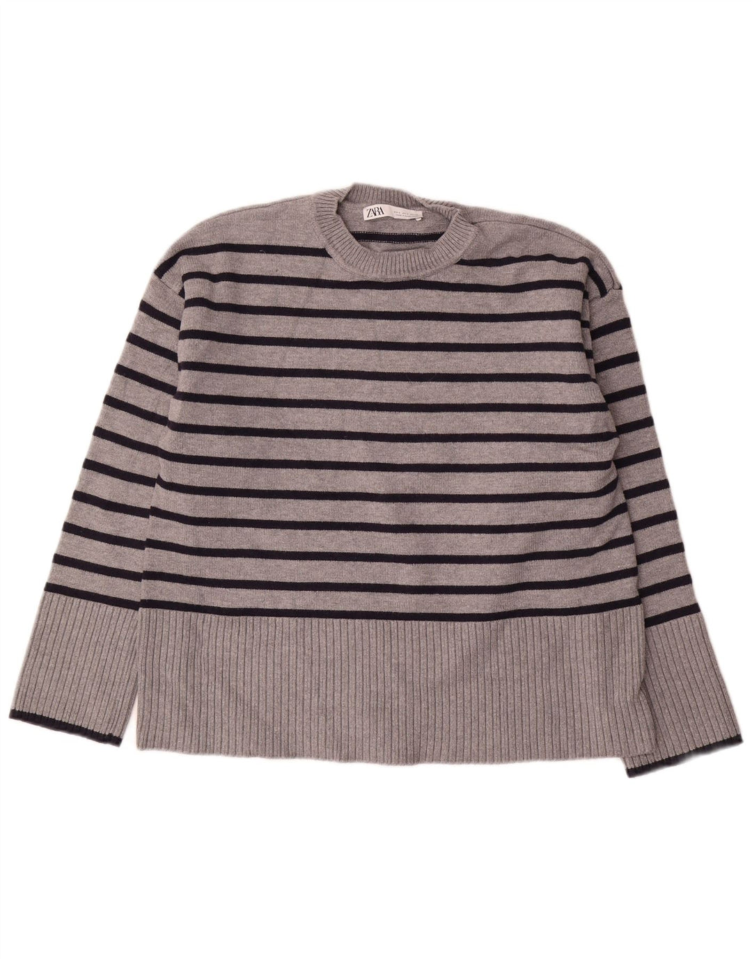 Zara Womens Oversized Crew Neck Jumper Sweater UK 10 Small Grey Striped