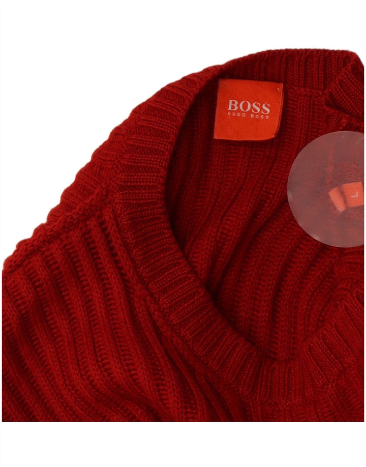 HUGO BOSS Mens Crew Neck Jumper Sweater Large Red Wool