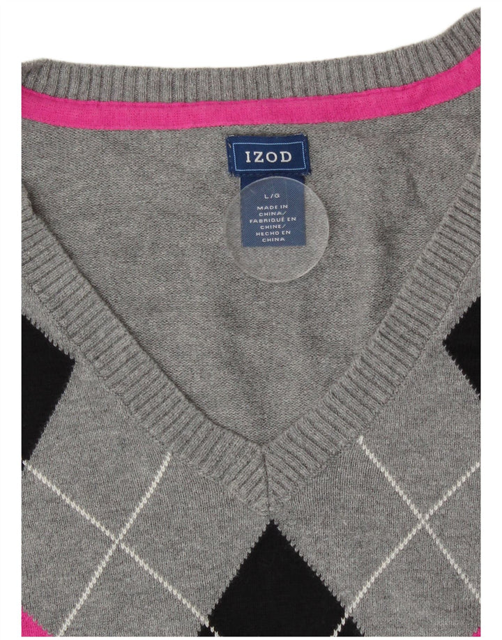 Maglione da donna con scollo a V Izod UK 14 Large Grey Argyle/Diamond