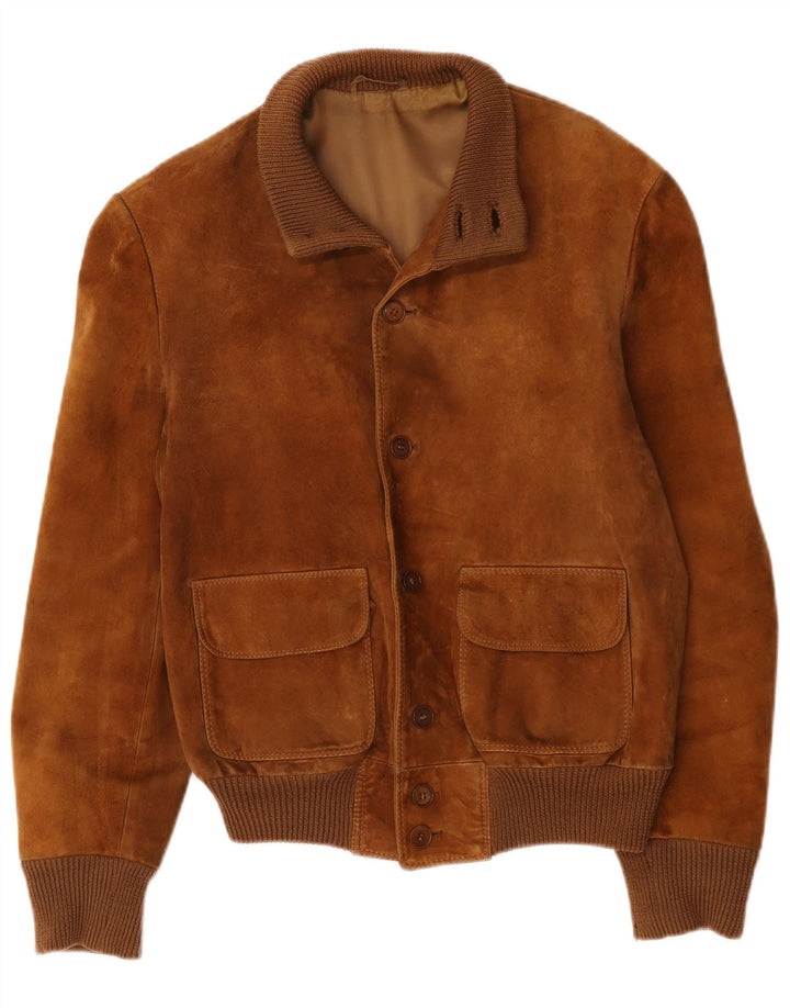 vintage Mens Suede Bomber Jacket UK 38 Cuir Brun Moyen