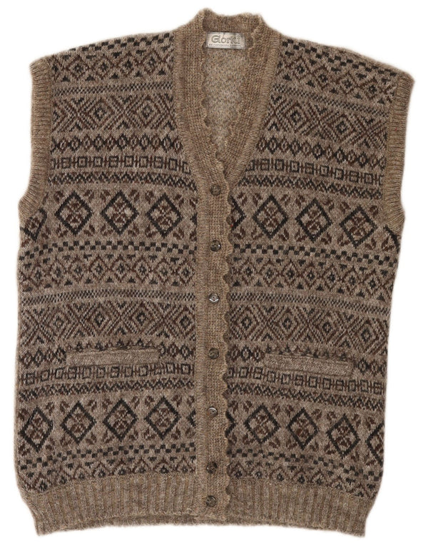 Vintage Dame Longline ærmeløs cardigan sweater UK 18 XL Grey Fair Isle