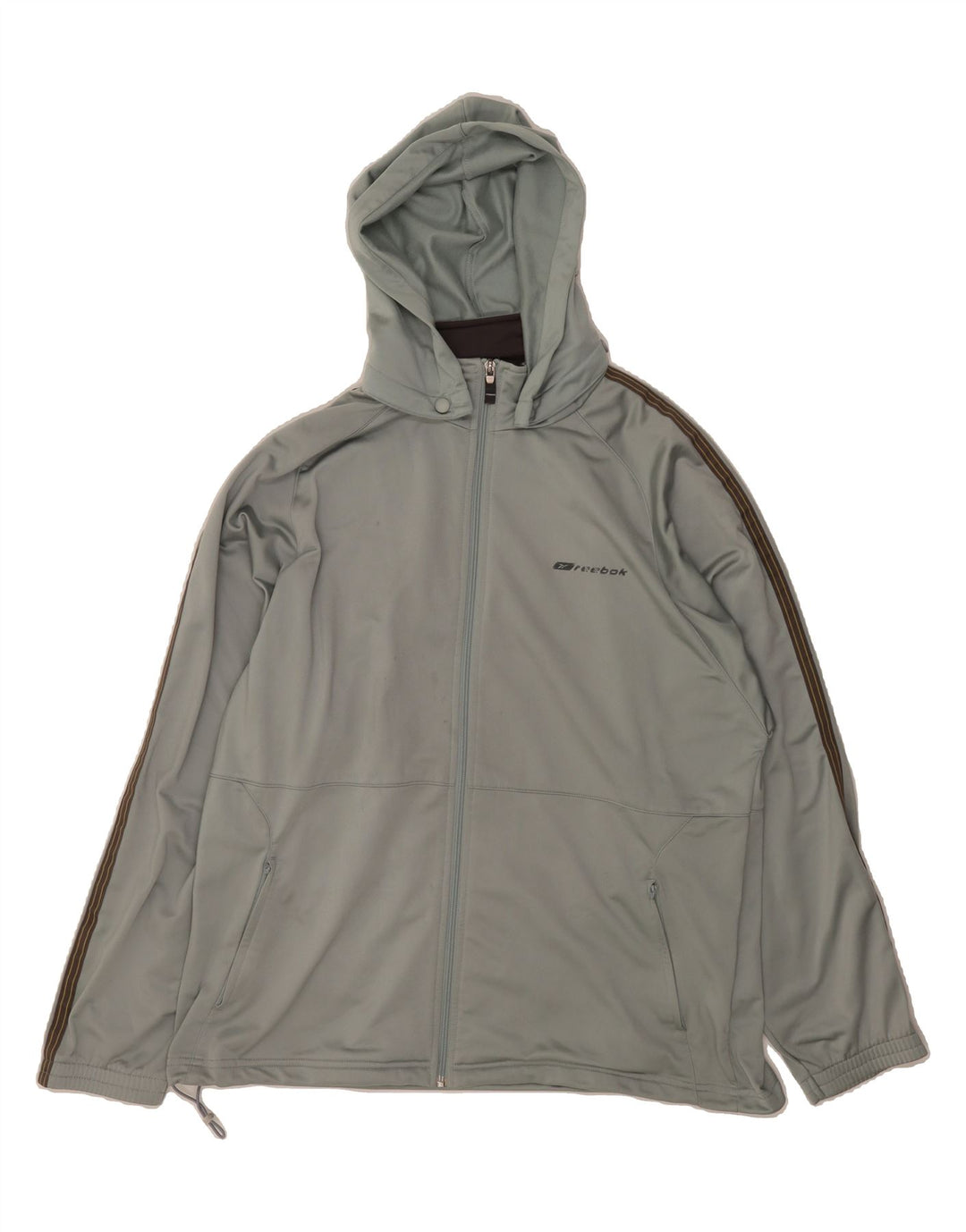 REEBOK Mens Hooded Tracksuit Top Jacket Large Grey Polyester Vintage Reebok and Second-Hand Reebok from Messina Hembry 