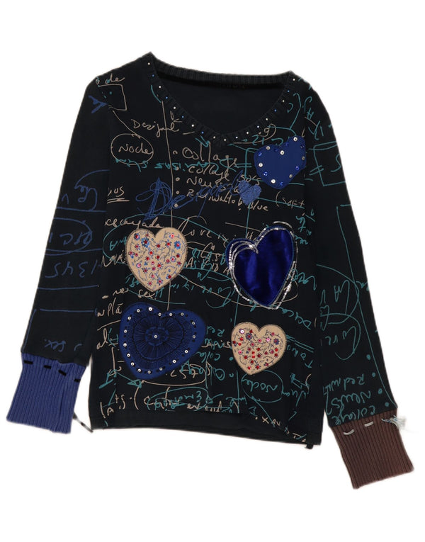 Desigual Femme Graphic Top Manches Longues UK 14 Medium Navy Blue Heart