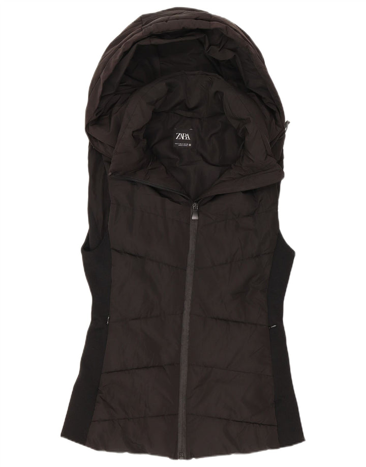 Zara Womens Hooded Padded Gilet UK 10 Small Black Polyester