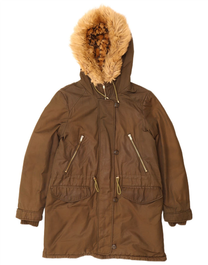 Zara Womens Trafaluc Hooded Parka Jacket UK 14 Medium Khaki Polyester