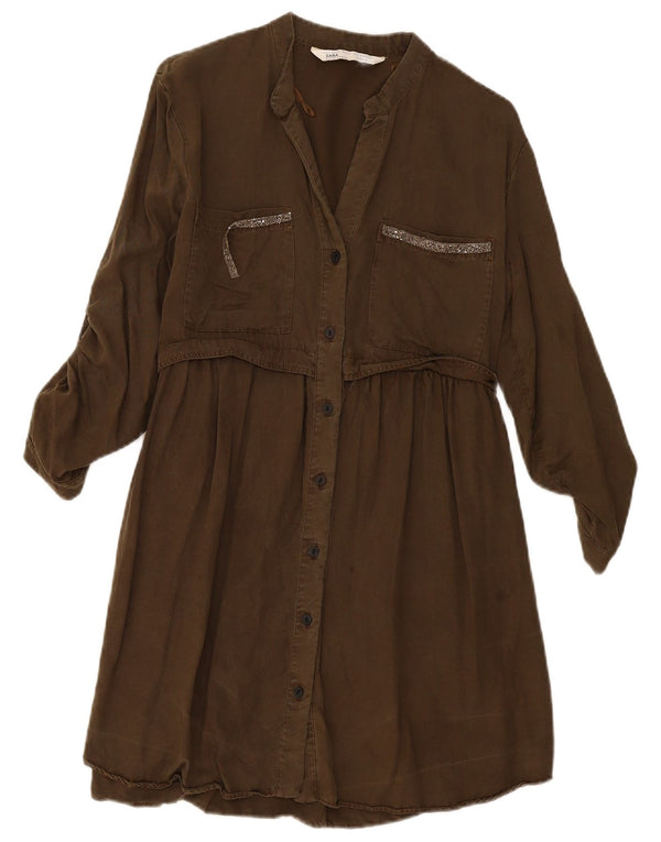 Zara Dame 3/4 ærmet skjortekjole UK 10 Small Khaki Lyocell