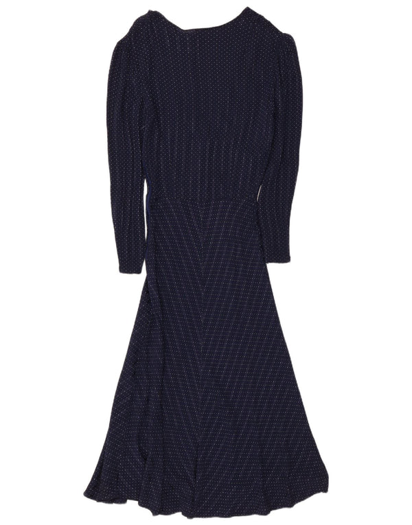Vintage Damen Langarm Maxikleid UK 8 Small Marineblau gepunktet