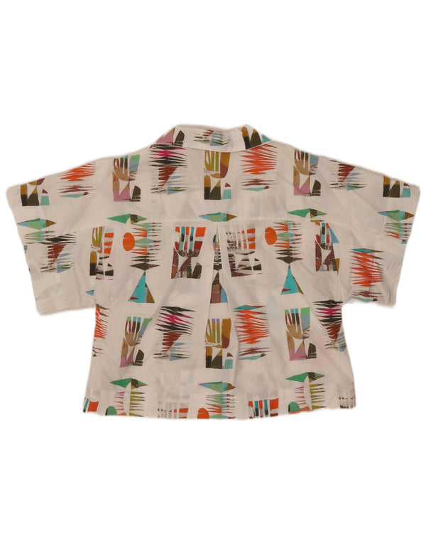 Vintage Womens Short Sleeve Shirt Blouse UK 10 Small White Geometric Cotton