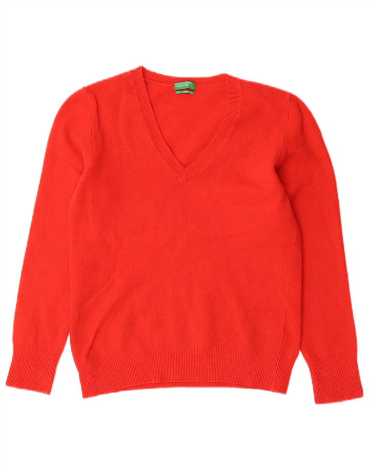 Benetton Pull Col V Femme UK 12 Laine Rouge Moyen