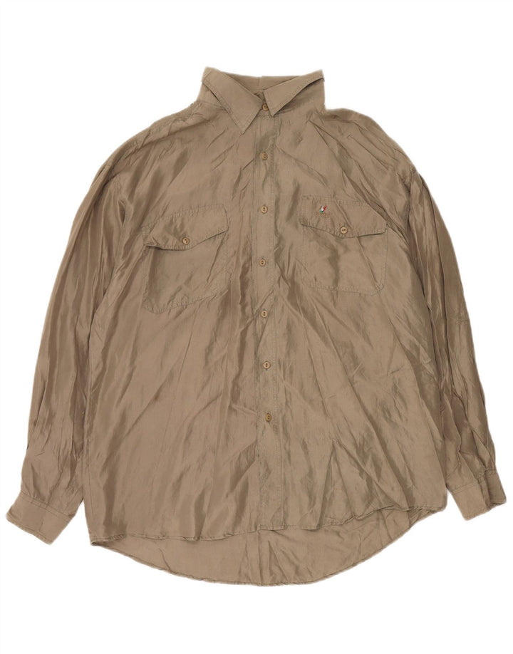 VINTAGE Mens Shirt XL Brown Silk