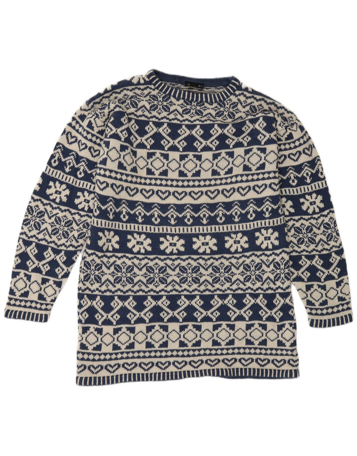 Impuls Mens Crew Neck Jumper Sweater Small Blue Fair Isle Ramie