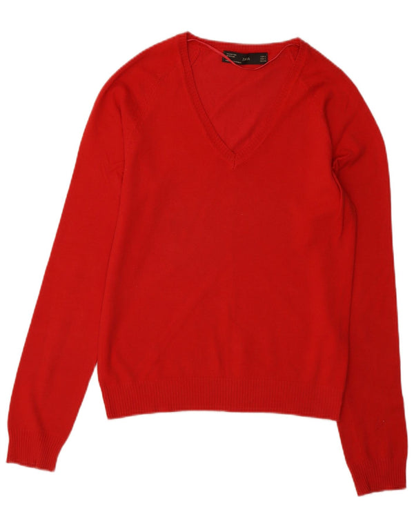 Zara Womens V-Neck Jumper Sweater UK 10 Small Red Cotton