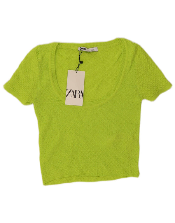 Zara Womens Crop Kortærmet Boat Neck Jumper Sweater UK 8 Small Green