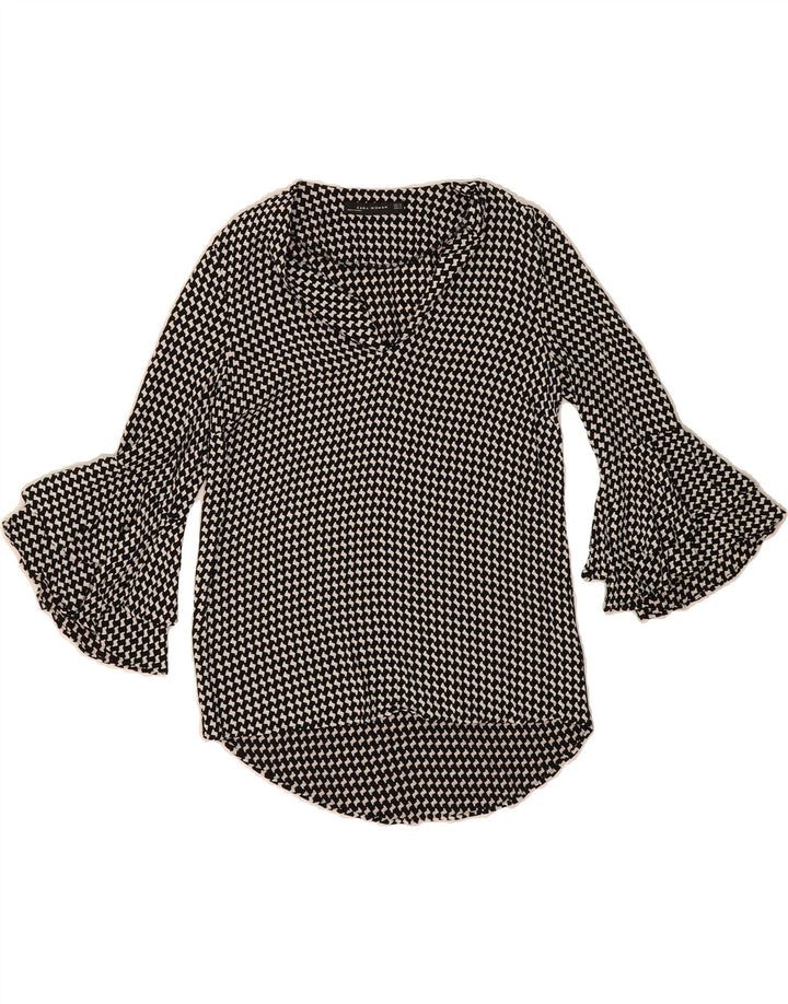 ZARA Womens Abstract Pattern 3/4 Sleeve Blouse Top UK 2 XS Black Viscose Vintage Zara and Second-Hand Zara from Messina Hembry 