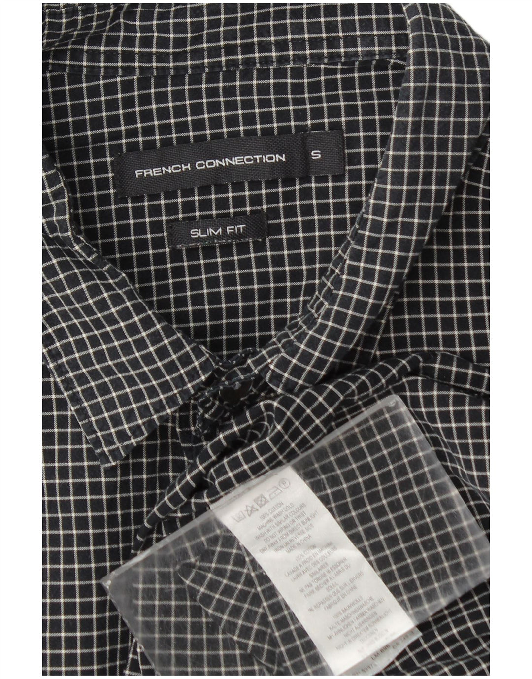 French Connection Mens Slim Fit Flannel Shirt Small Black Check Cotton