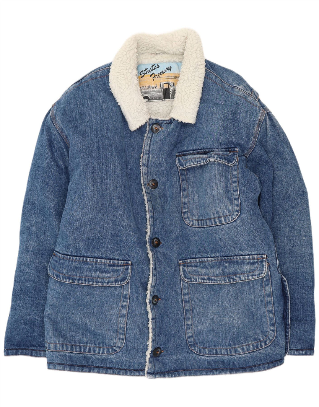 Stratos Mens Sherpa Denim Jacket UK 38 Medium Blue Cotton Retro