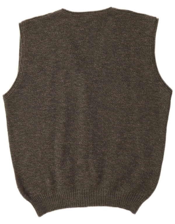 vintage Mens Cardigan sans manches Pull Moyen Kaki Géométrique Acrylique