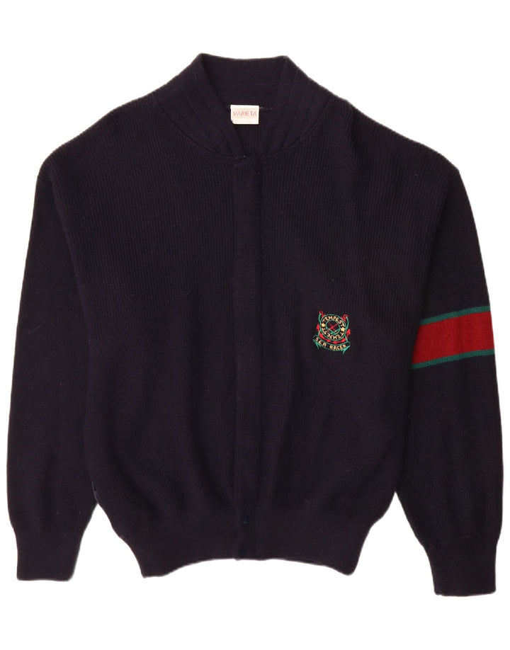 Vintage Mens Cardigan Sweater Large Navy Blue Colourblock Wool