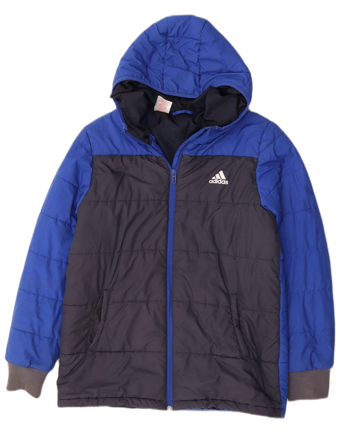 Adidas Boys Hooded Padded Jacket 13-14 Years Blue Colourblock Polyester