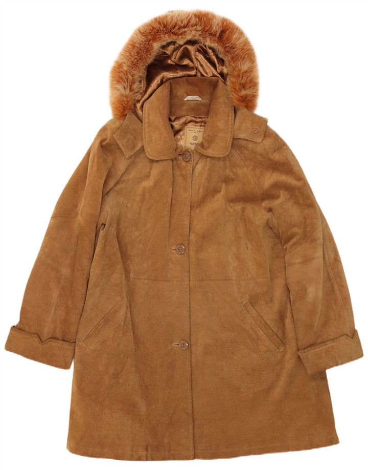 Privilegi Womens Hooded Suede Overcoat IT 46 Large Beige Leather