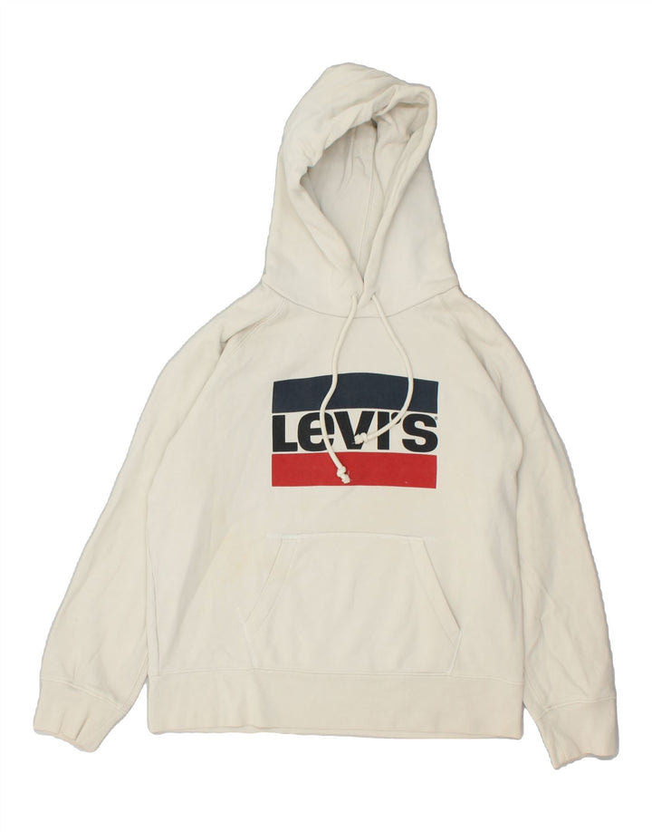 LEVI'S Womens Graphic Hoodie Jumper UK 14 Medium Off White Cotton | Vintage Levi's | Thrift | Second-Hand Levi's | Used Clothing | Messina Hembry 