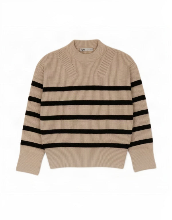 Zara γυναικείο πουλόβερ με λαιμόκοψη χελώνας UK 10 Small Beige ριγέ