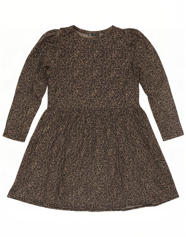 Zara Damen Langarm-Basic-Kleid UK 14 Mittelbraunes, geblümtes Polyester
