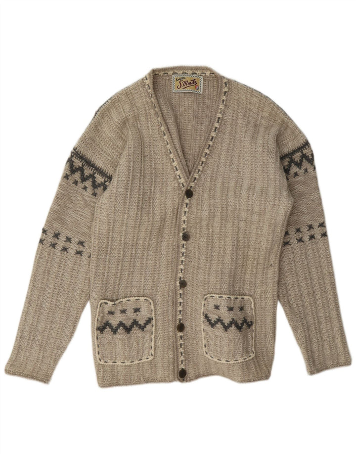 S.Moritz Mens Loose Fit Cardigan Sweater Small Beige Geometric Wool