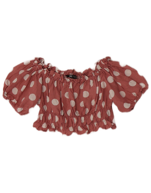 Schulterfreies Crop-Top von Zara für Damen, UK 6, XS, rotes gepunktetes Leinen