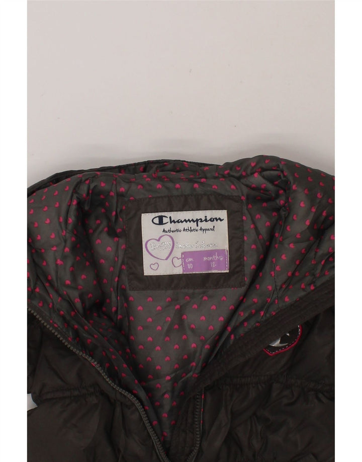 CHAMPION Baby Girls Graphic Hooded Padded Coat 9-12 Months Grey Vintage Champion and Second-Hand Champion from Messina Hembry 