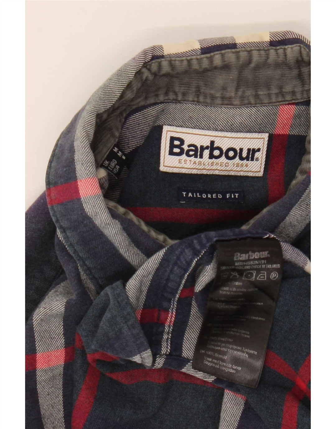 Barbour Mens Tailored Fit Flannel Shirt Medium Navy Blue Plaid Cotton