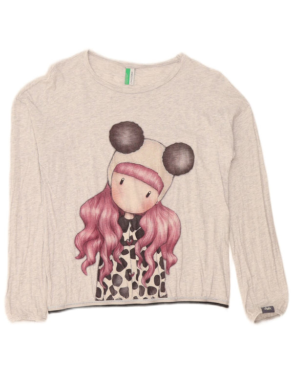 Benetton Mädchen-Grafikoberteil, langärmlig, 11–12 Jahre, 2XL, grau gesprenkelte Baumwolle