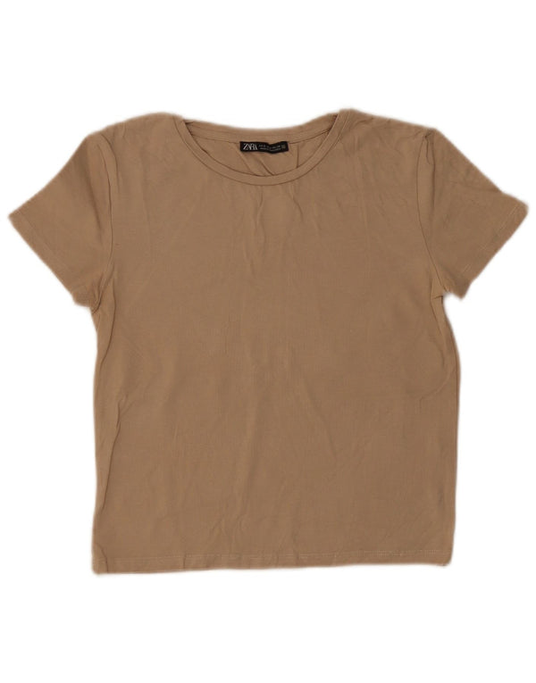 Zara Womens Crop T-Shirt Top UK 8 Small Beige Bomuld