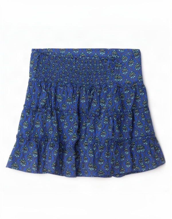 Vintage Womens Mini Tiered Skirt Small W26 Blue Floral Silk