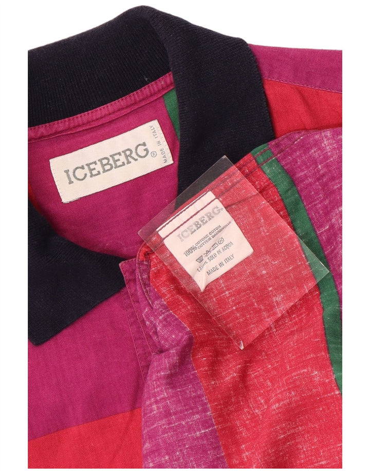 ICEBERG Mens Short Sleeve Pullover Shirt Large Purple Striped Cotton
