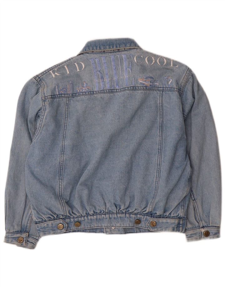 Vintage drenge grafisk denimjakke 11-12 år stor blå bomuld