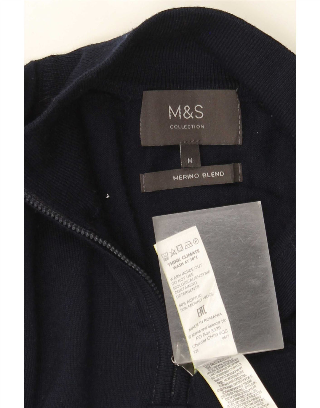 Marks & Spencer Mens Zip Neck Jumper Sweater Medium Navy Blue Acrylic