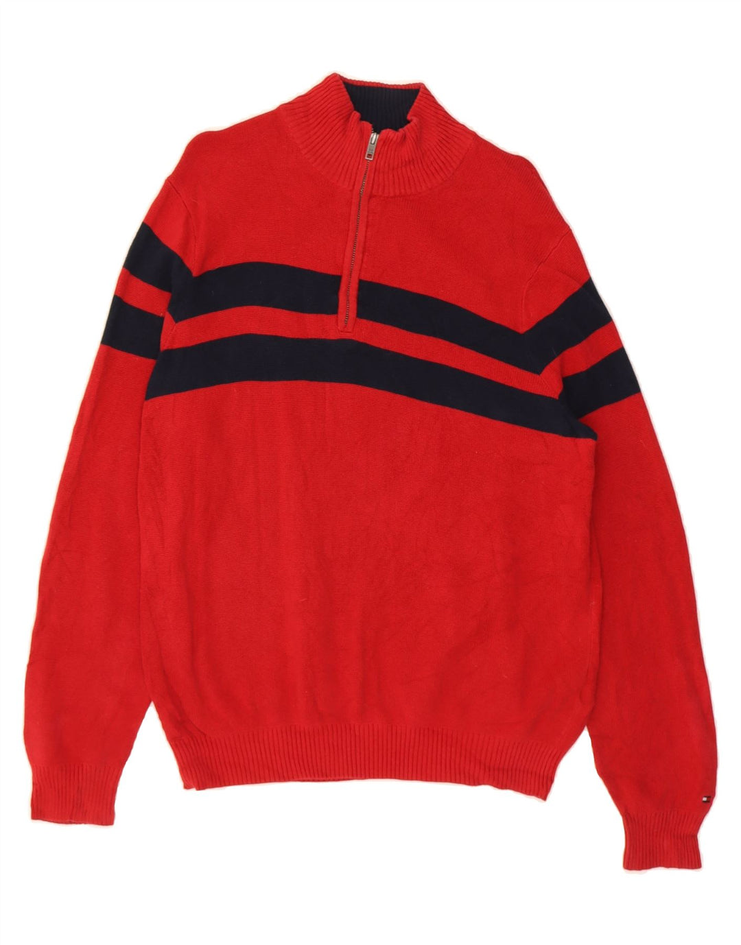 TOMMY HILFIGER Mens Zip Neck Jumper Sweater Small Red Colourblock Cotton Vintage Tommy Hilfiger and Second-Hand Tommy Hilfiger from Messina Hembry 