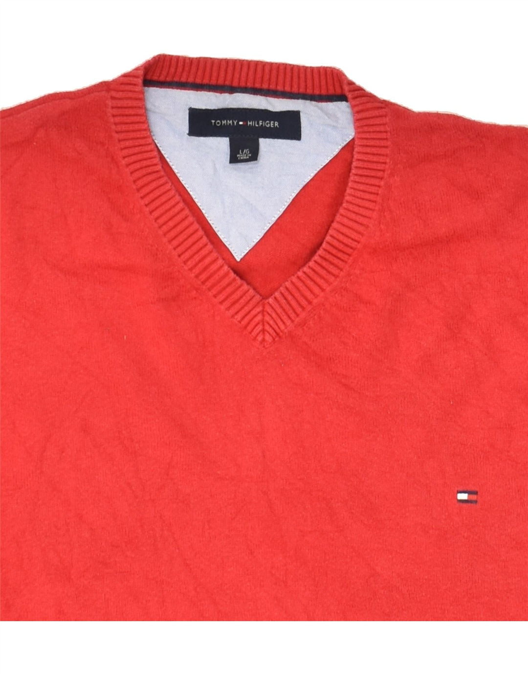 TOMMY HILFIGER Mens V-Neck Jumper Sweater Large Red Cotton Vintage Tommy Hilfiger and Second-Hand Tommy Hilfiger from Messina Hembry 