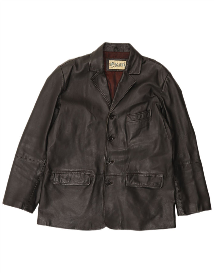 CAPELLE Mens 4 Button Leather Blazer Jacket UK 44 2XL Black Leather