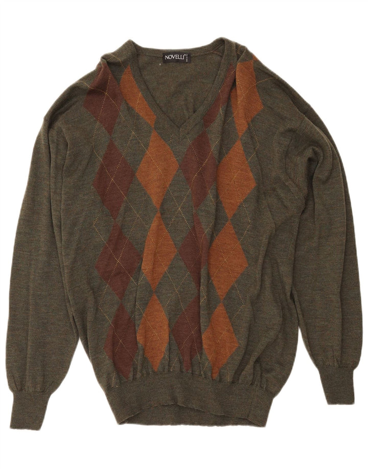 NOVELLI  Mens V-Neck Jumper Sweater IT 52 Large Khaki Argyle/Diamond Wool