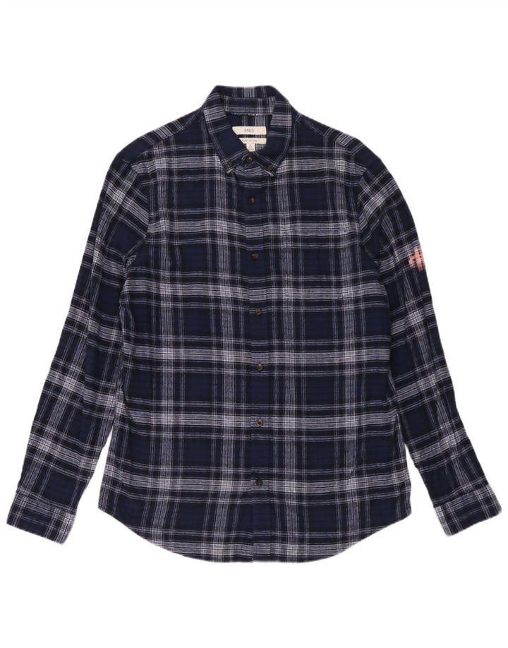 Marks & Spencer Mens Regular Fit Flannel Shirt Medium Navy Blue Check