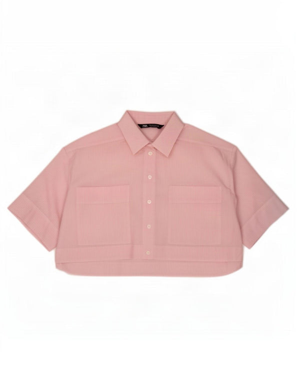 Zara Kvinders Oversized Crop Kortærmet Skjorte UK 10 Small Pink Pinstripe
