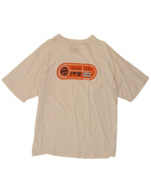 PEPE Jeans Mens Graphic T-Shirt Top Medium Off White Cotton