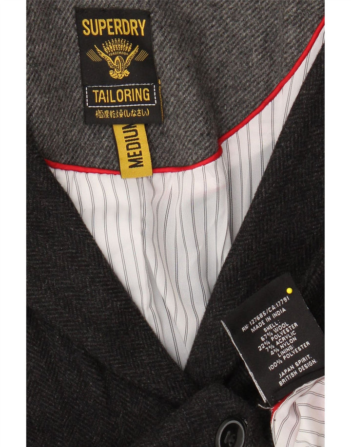 SUPERDRY Womens 2 Button Blazer Jacket UK 12 Medium Grey Herringbone Wool