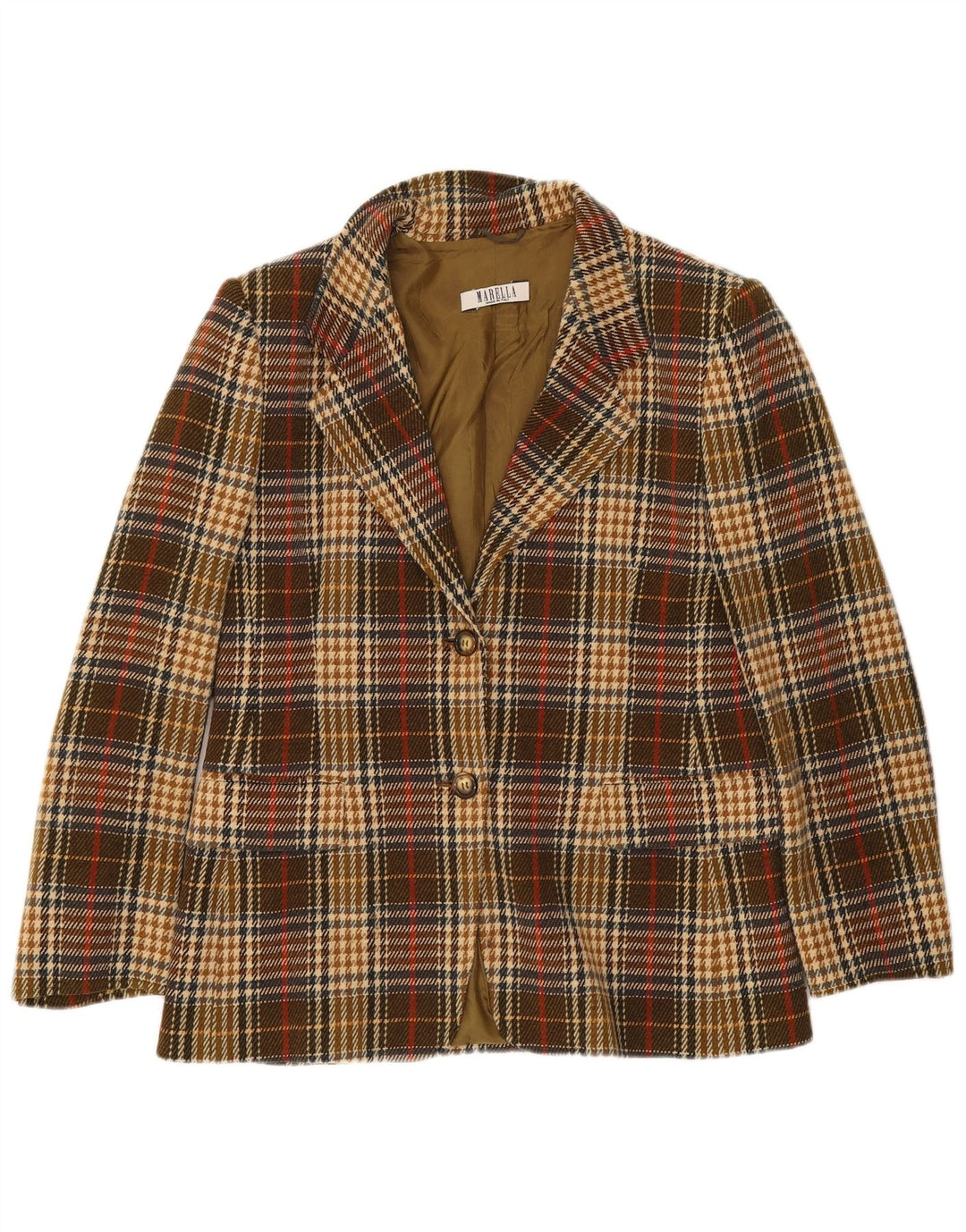 Marella Womens 2 Button Blazer Jacket UK 18 XL Brown Check Wool
