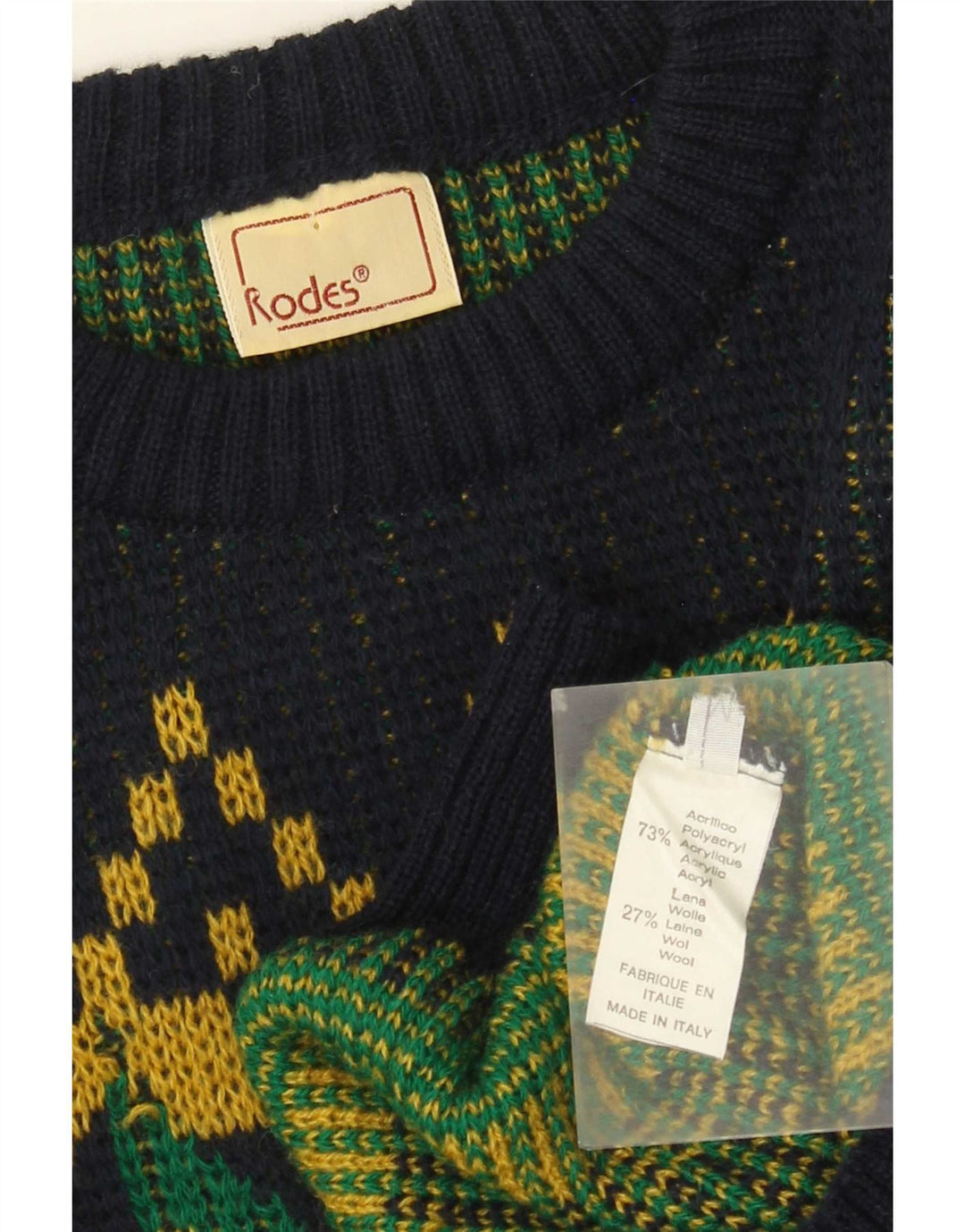 Rodes Mens Crew Neck Jumper Sweater Medium Navy Blue Geometric Acrylic
