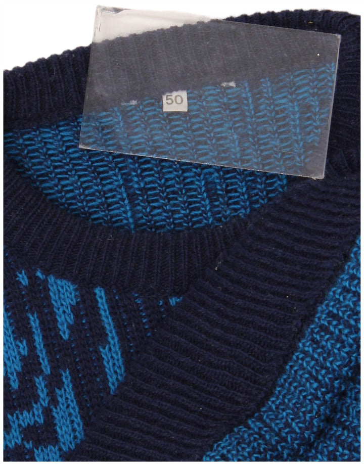 Vintage Mens Crew Neck Jumper Sweater IT 50 Medium Blue Geometric Wool