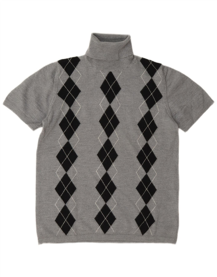 Vintage Womens Roll Neck Jumper Sweater UK 14 Medium Grey Argyle/Diamond