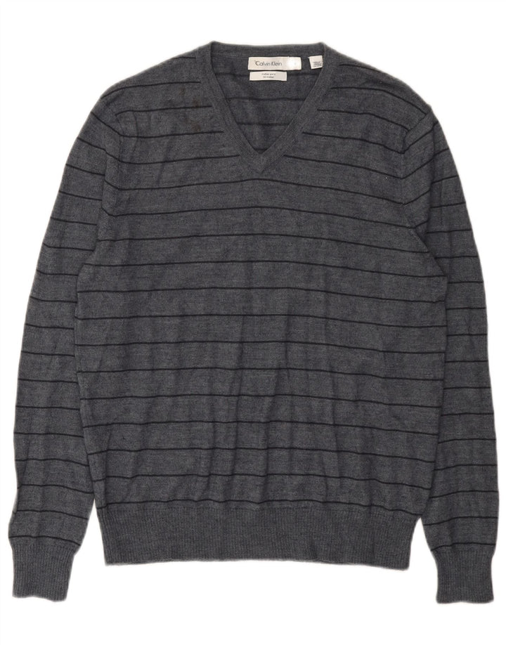 Maglione da uomo con scollo a V Calvin Klein in lana merino a righe grigio medio